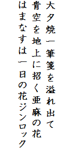 

大夕焼一筆箋を溢れ出て
青空を地上に招く亜麻の花
はまなすは一日の花ジンロック
