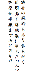 

訥弁の風鈴もあり舌もがく
蚯蚓鳴く路地裏に星ふたつみつ
芒原地平線まであと五キロ
