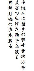 

手短かに話すの苦手曼珠沙華
塁審の広げた両手鳥渡る
神無月磯の流木蘇る
