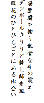 

湯豆腐を掬う武骨な手の震え
ダンボールきりりと絆し師走風
風花のひとひらごとにある出会い　
