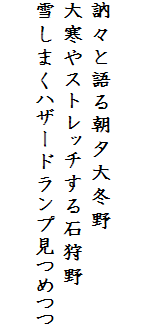 

訥々と語る朝夕大冬野
大寒やストレッチする石狩野
雪しまくハザードランプ見つめつつ
