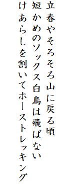 

立春やそろそろ山に戻る頃
短かめのソックス白鳥は飛ばない
けあらしを割いてホーストレッキング
