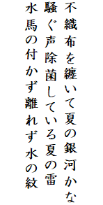 

不織布を纏いて夏の銀河かな
騒ぐ声除菌している夏の雷
水馬の付かず離れず水の紋
