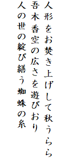 

人形をお焚き上げして秋うらら
吾木香空の広さを遊びおり
人の世の綻び繕う蜘蛛の糸
