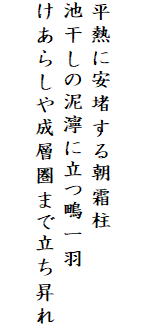 

平熱に安堵する朝霜柱
池干しの泥濘に立つ鴫一羽
けあらしや成層圏まで立ち昇れ
